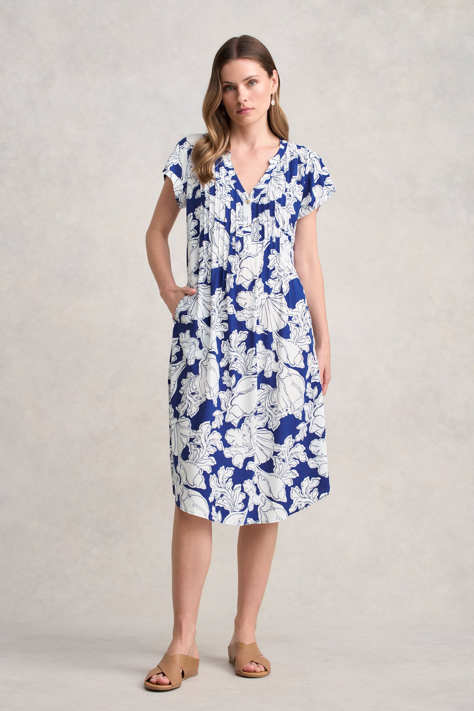 Pleat Front Midi Dress - Sea Shells Print