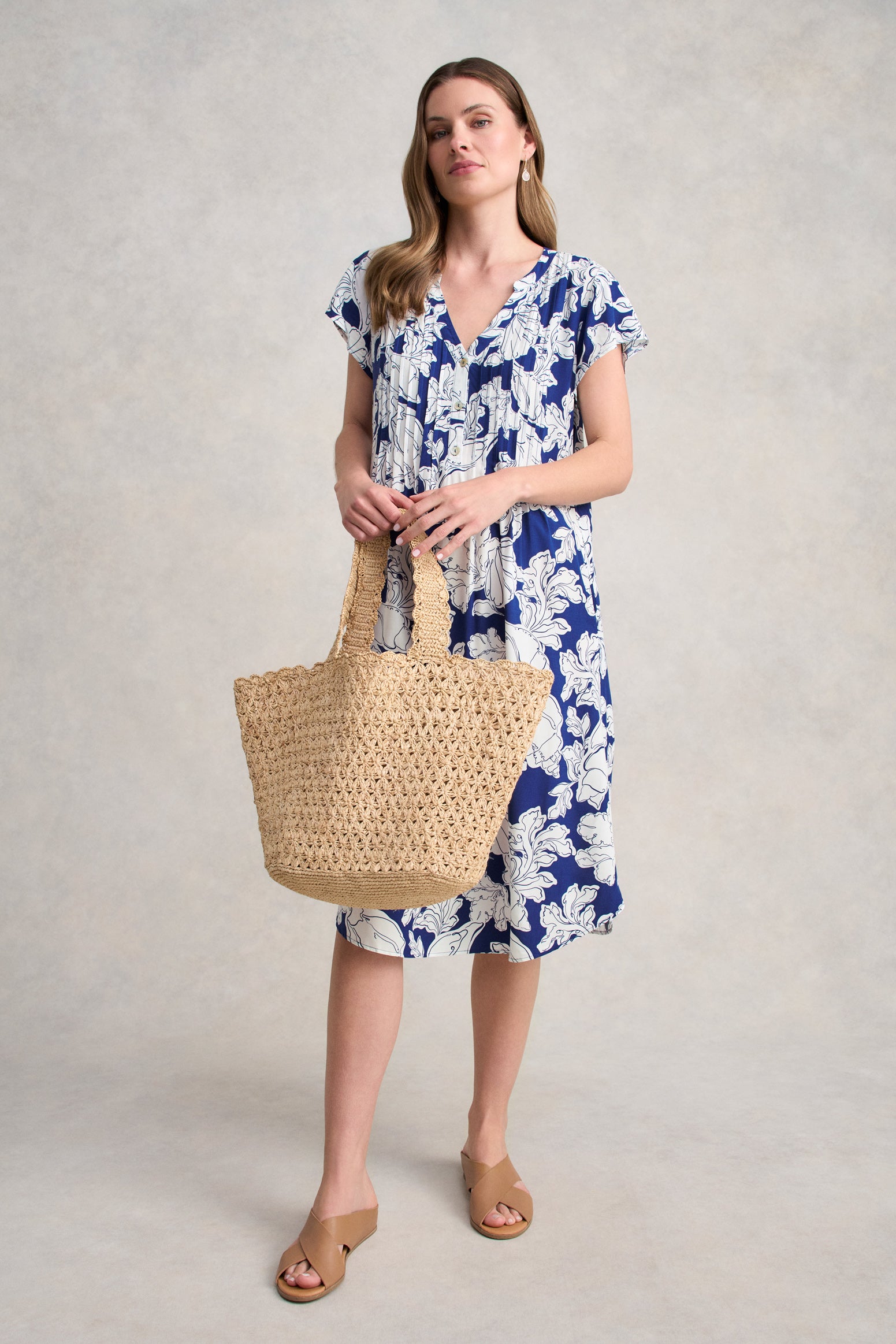 Pleat Front Midi Dress - Sea Shells Print