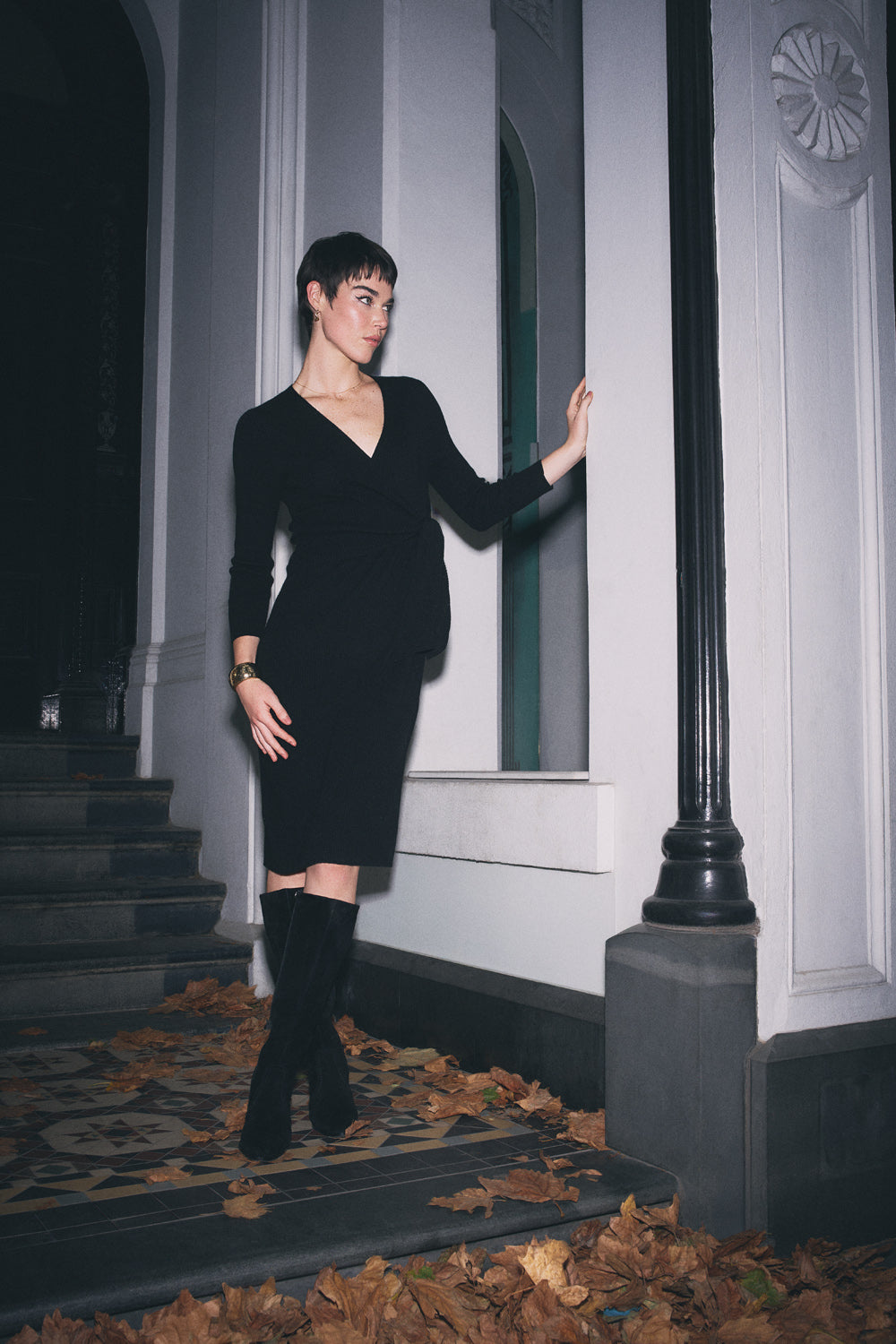 Wrap Detail Knit Dress - Black