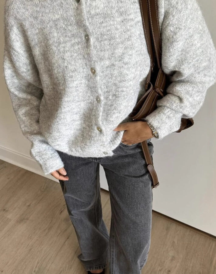 Grey Wool Shell Button Knit Cardigan