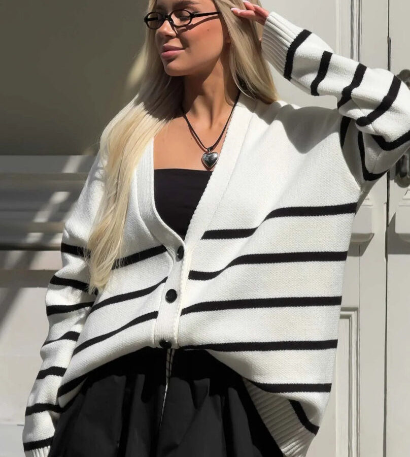 Striped V Neck Buttoned Slouchy Knit Cardigan